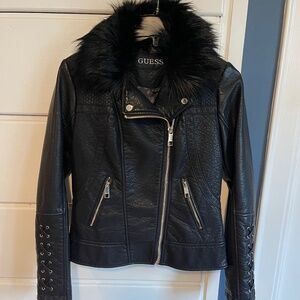 Guess Black Moto Jacket with Detachable Fur Collar Size Small